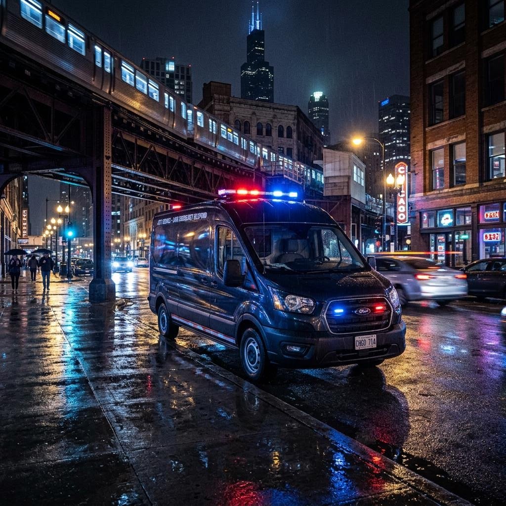 Emergency plumber van on a wet Chicago street at night